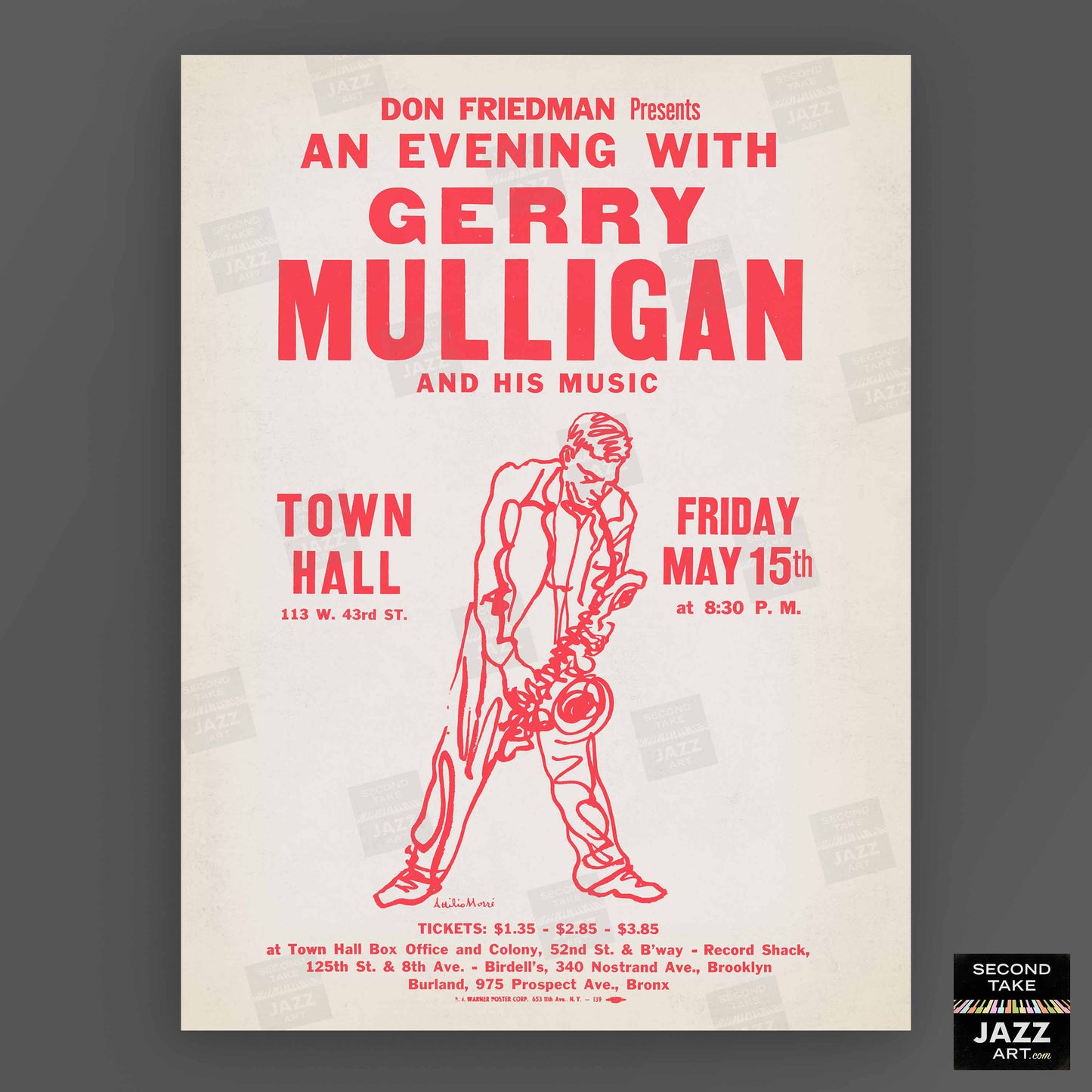 Gerry Mulligan jazz poster - Town Hall - 1959 (red variant)