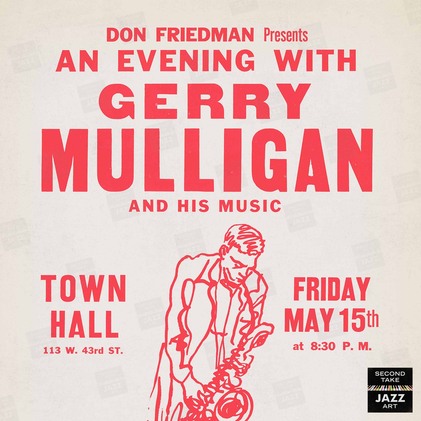 Gerry Mulligan jazz poster - Town Hall - 1959 (red variant)