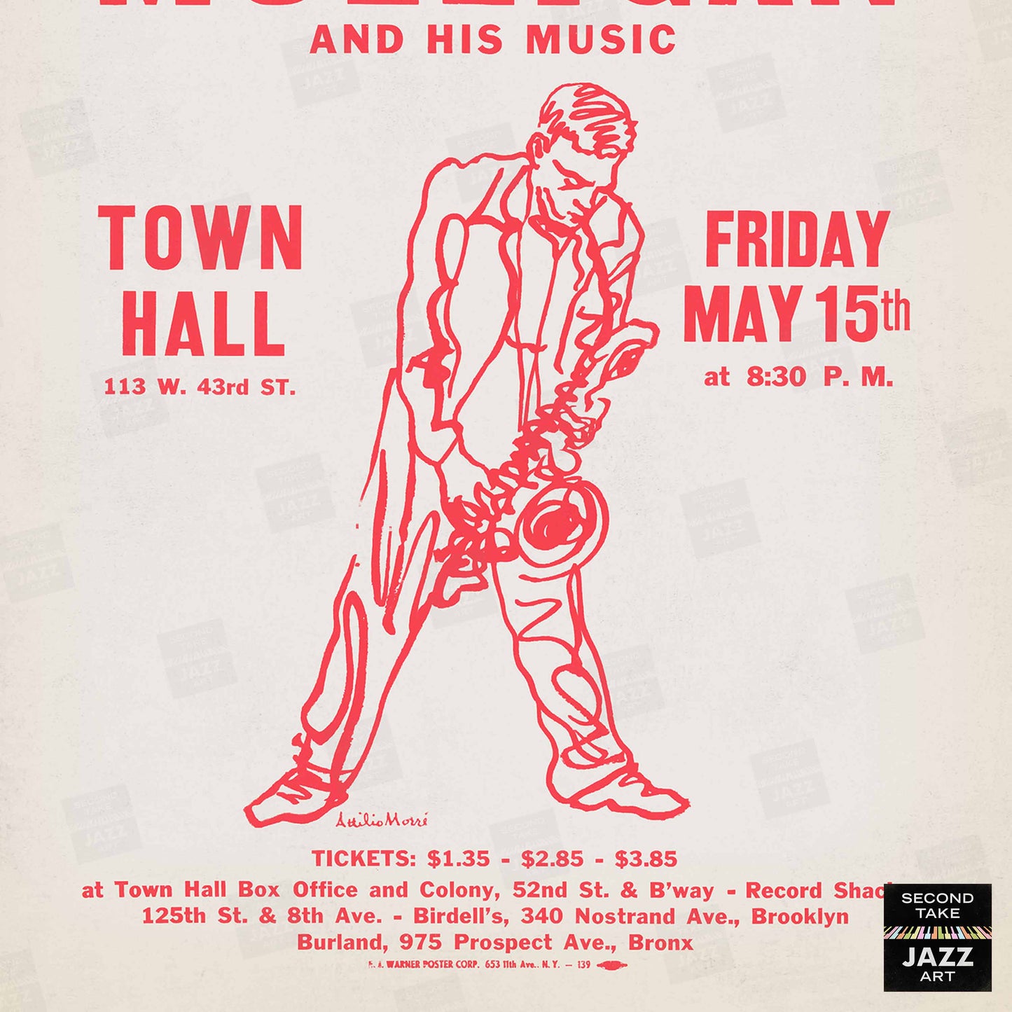 Gerry Mulligan jazz poster - Town Hall - 1959 (red variant)
