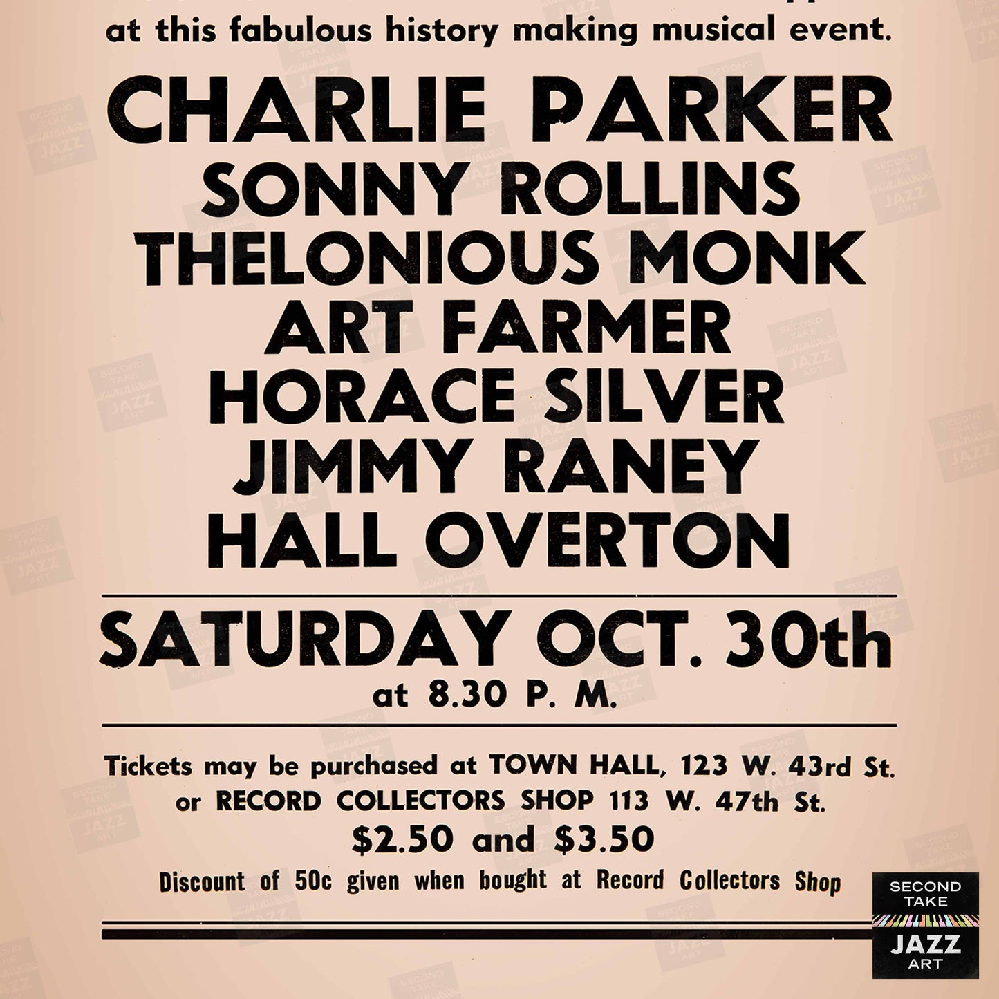 Charlie Parker - Sonny Rollins - Thelonious Monk jazz poster - Town Hall - 1954