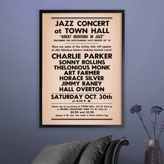 Charlie Parker - Sonny Rollins - Thelonious Monk jazz poster - Town Hall - 1954