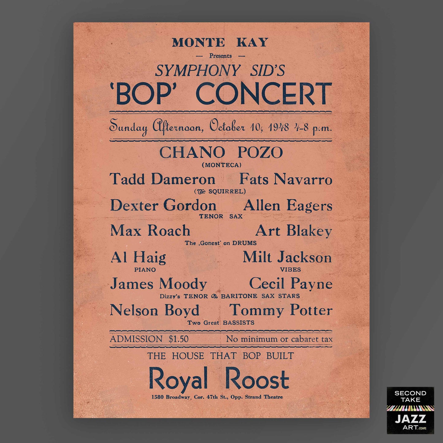 Fats Navarro - Tadd Dameron - Dexter Gordon - Chano Pozo jazz poster - Royal Roost - 1948