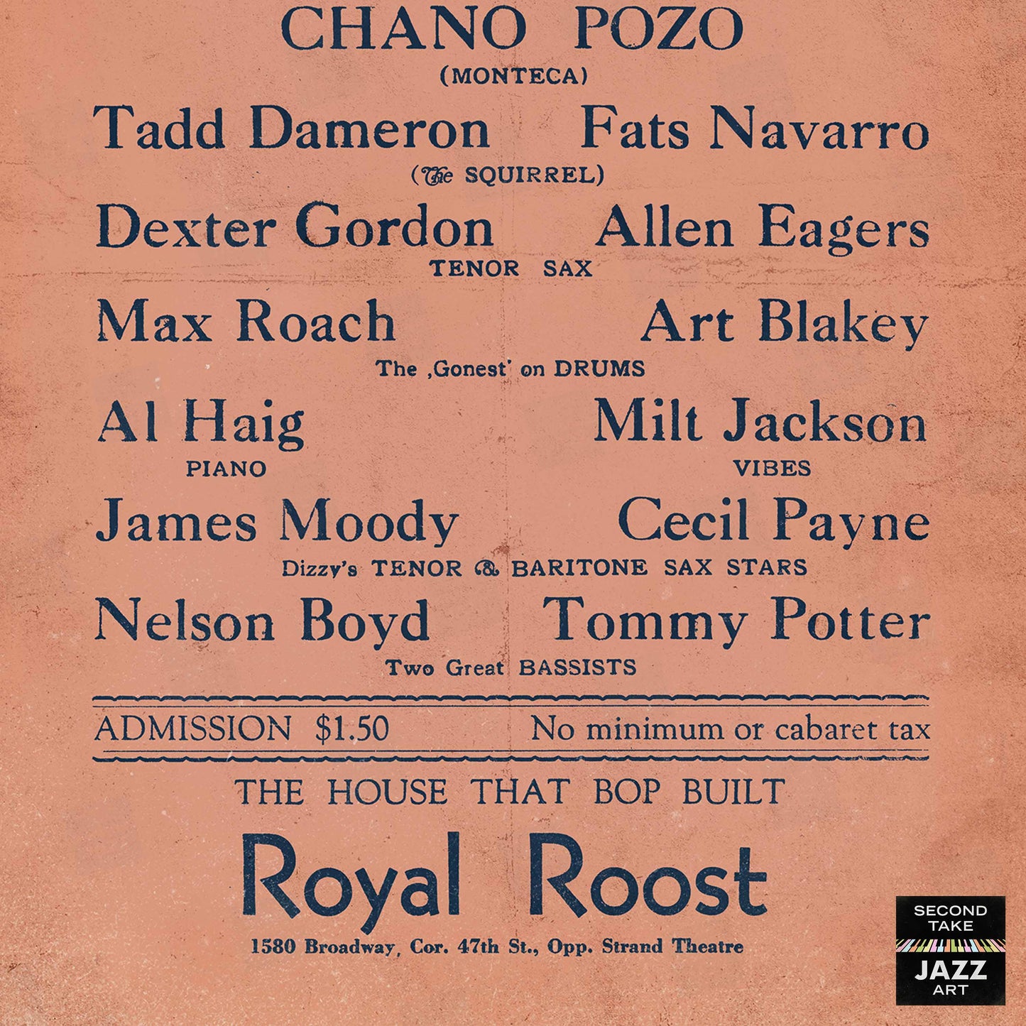Fats Navarro - Tadd Dameron - Dexter Gordon - Chano Pozo jazz poster - Royal Roost - 1948