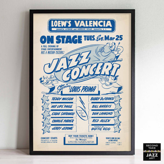 Louis Prima - Charlie Parker jazz poster - Loew's Valencia - Jamaica, NY - 1952