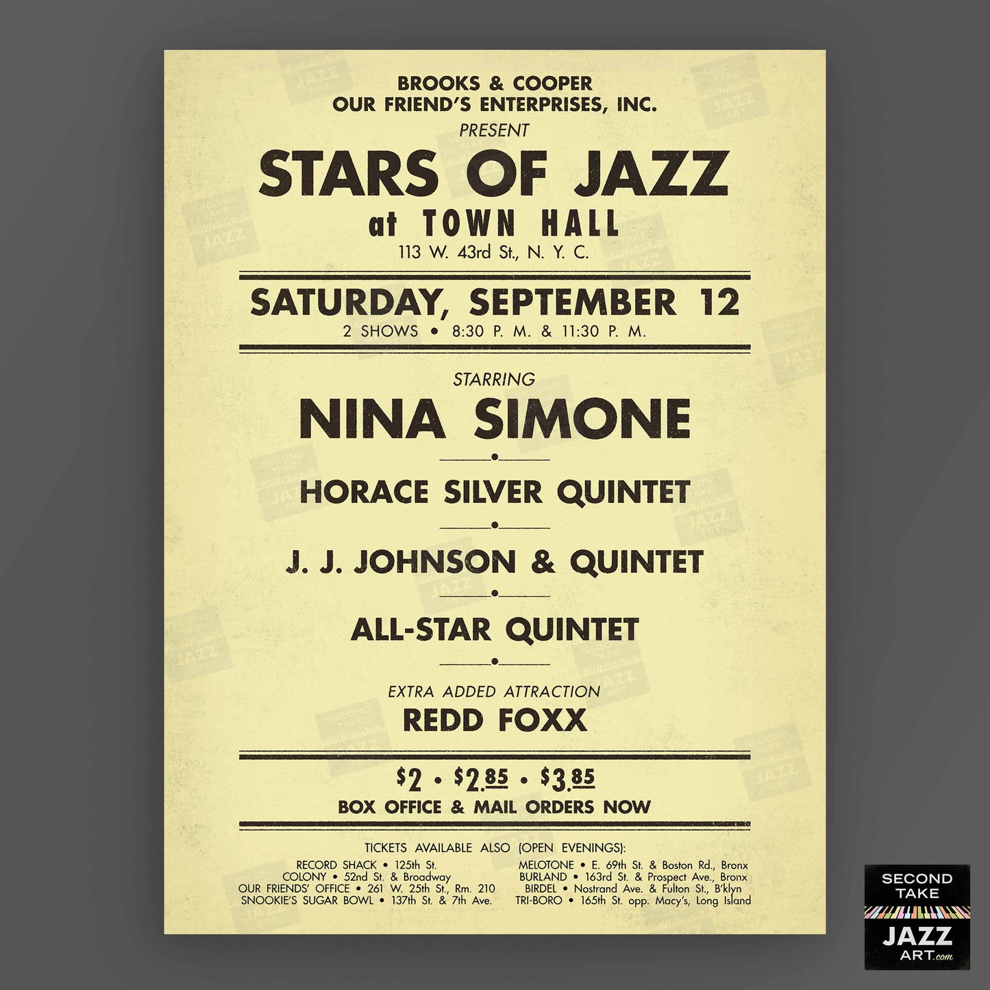 Nina Simone - Horace Silver - J.J. Johnson jazz poster - Town Hall - 1959