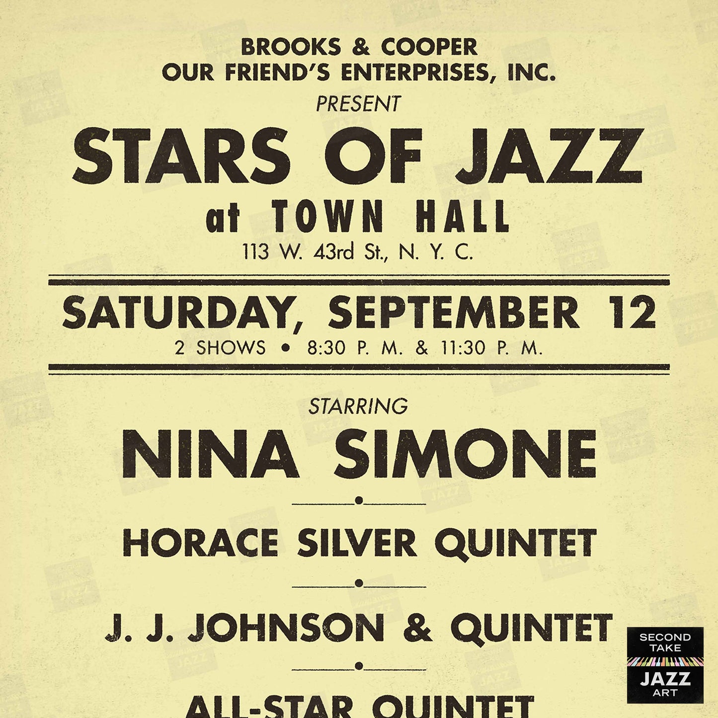 Nina Simone - Horace Silver - J.J. Johnson jazz poster - Town Hall - 1959