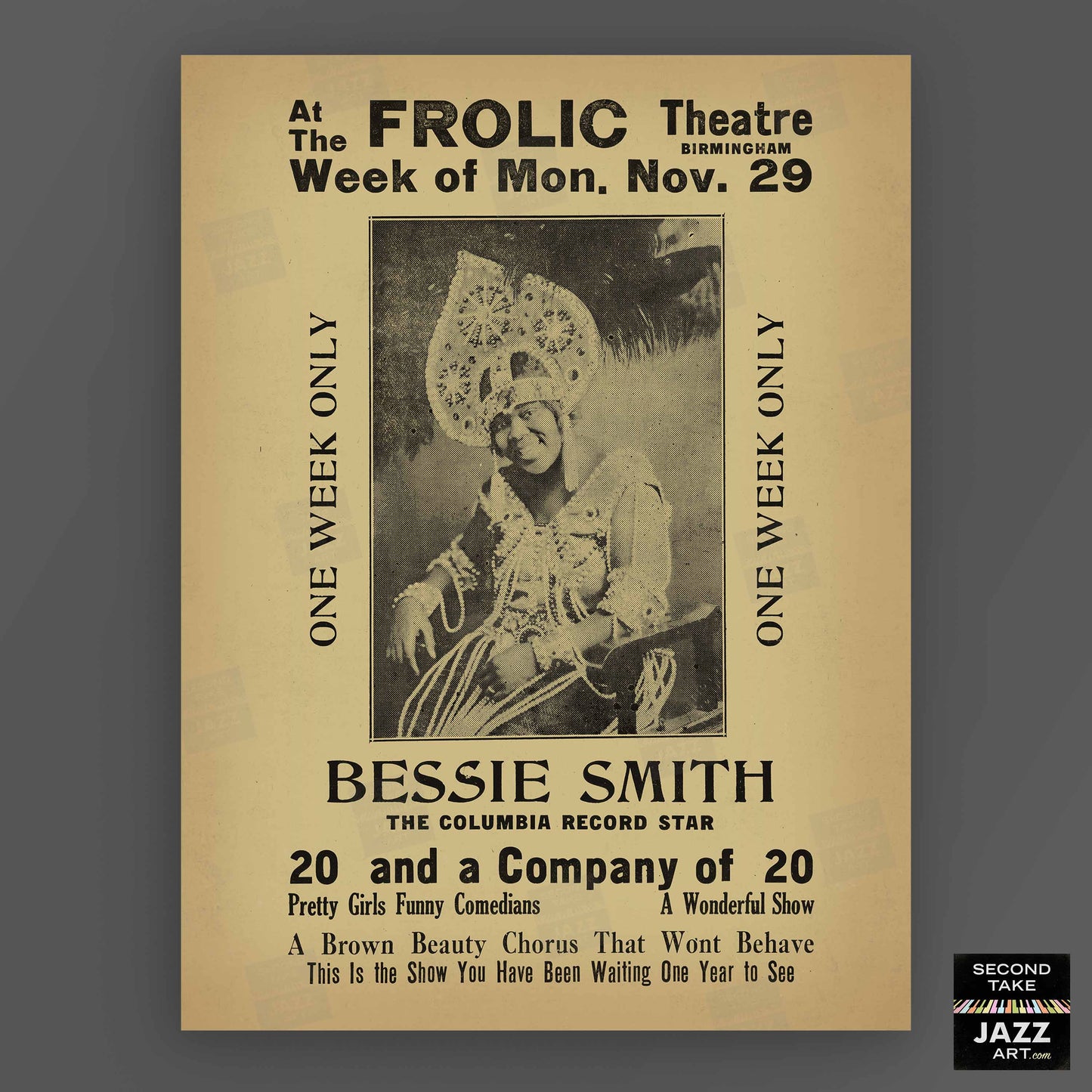 Bessie Smith jazz poster - Frolic Theatre - Birmingham - 1926