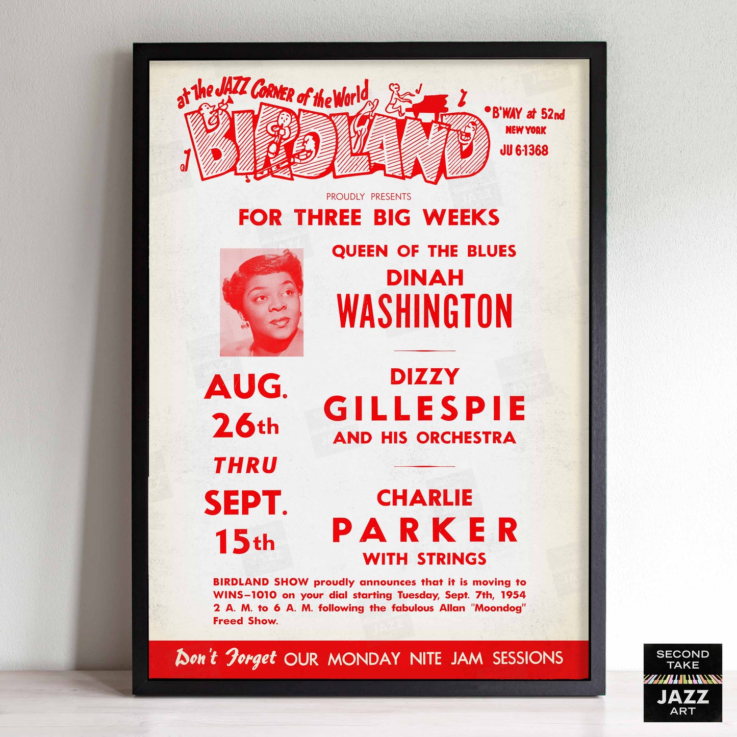 Dinah Washington - Dizzy Gillespie - Charlie Parker jazz poster - Birdland - 1954