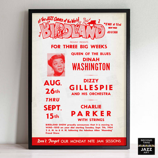 Dinah Washington - Dizzy Gillespie - Charlie Parker jazz poster - Birdland - 1954