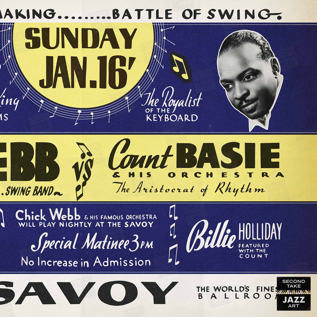 Chick Webb - Count Basie jazz poster - Battle of Swing - Savoy - 1938 (horizontal)