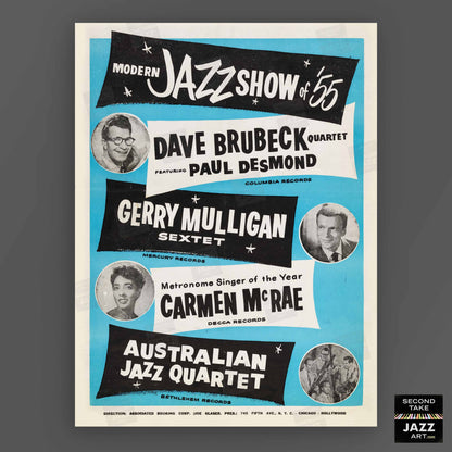 Dave Brubeck - Gerry Mulligan - Carmen McRae - AJQ jazz poster - Modern Jazz Stars - 1955