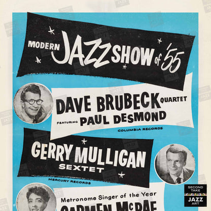 Dave Brubeck - Gerry Mulligan - Carmen McRae - AJQ jazz poster - Modern Jazz Stars - 1955