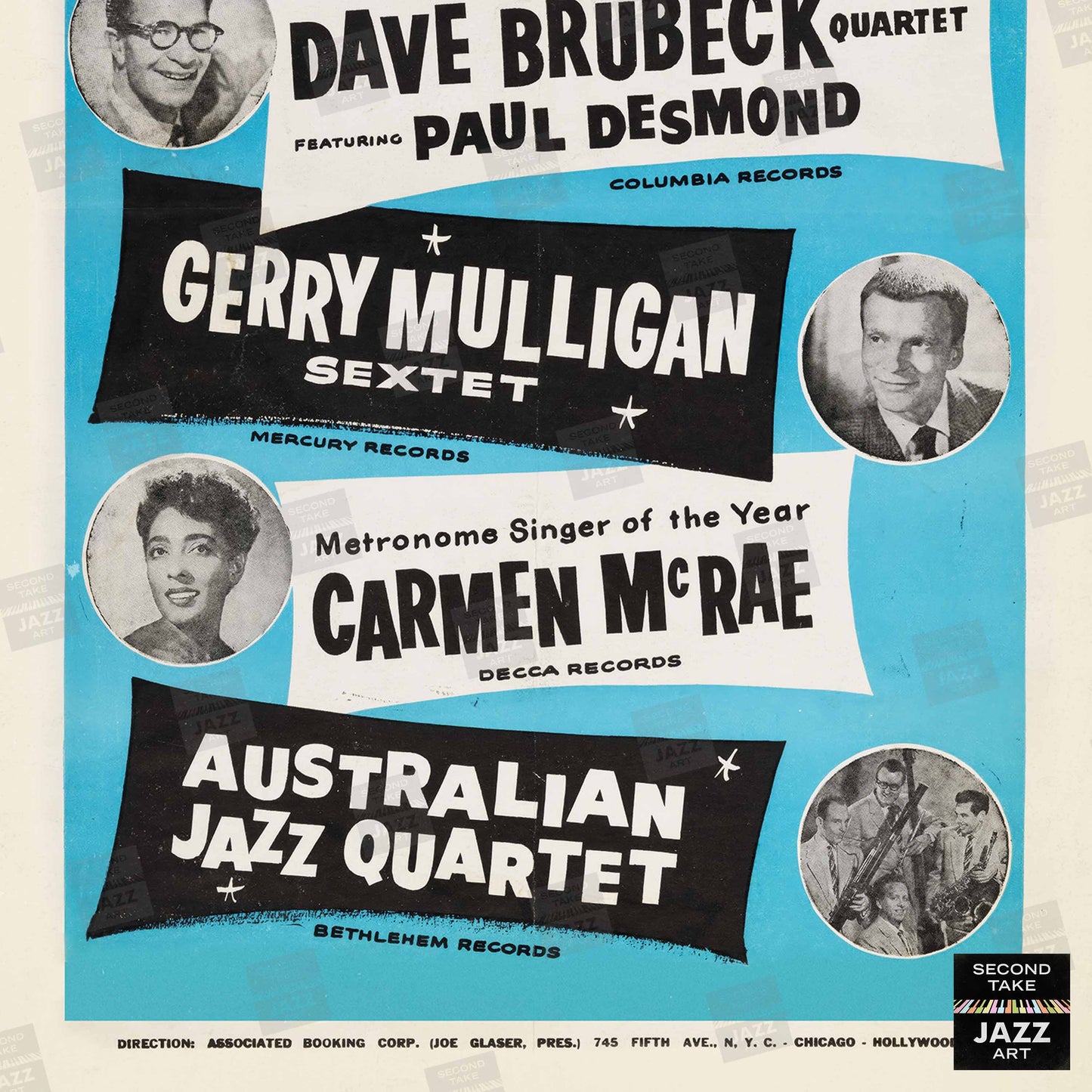 Dave Brubeck - Gerry Mulligan - Carmen McRae - AJQ jazz poster - Modern Jazz Stars - 1955