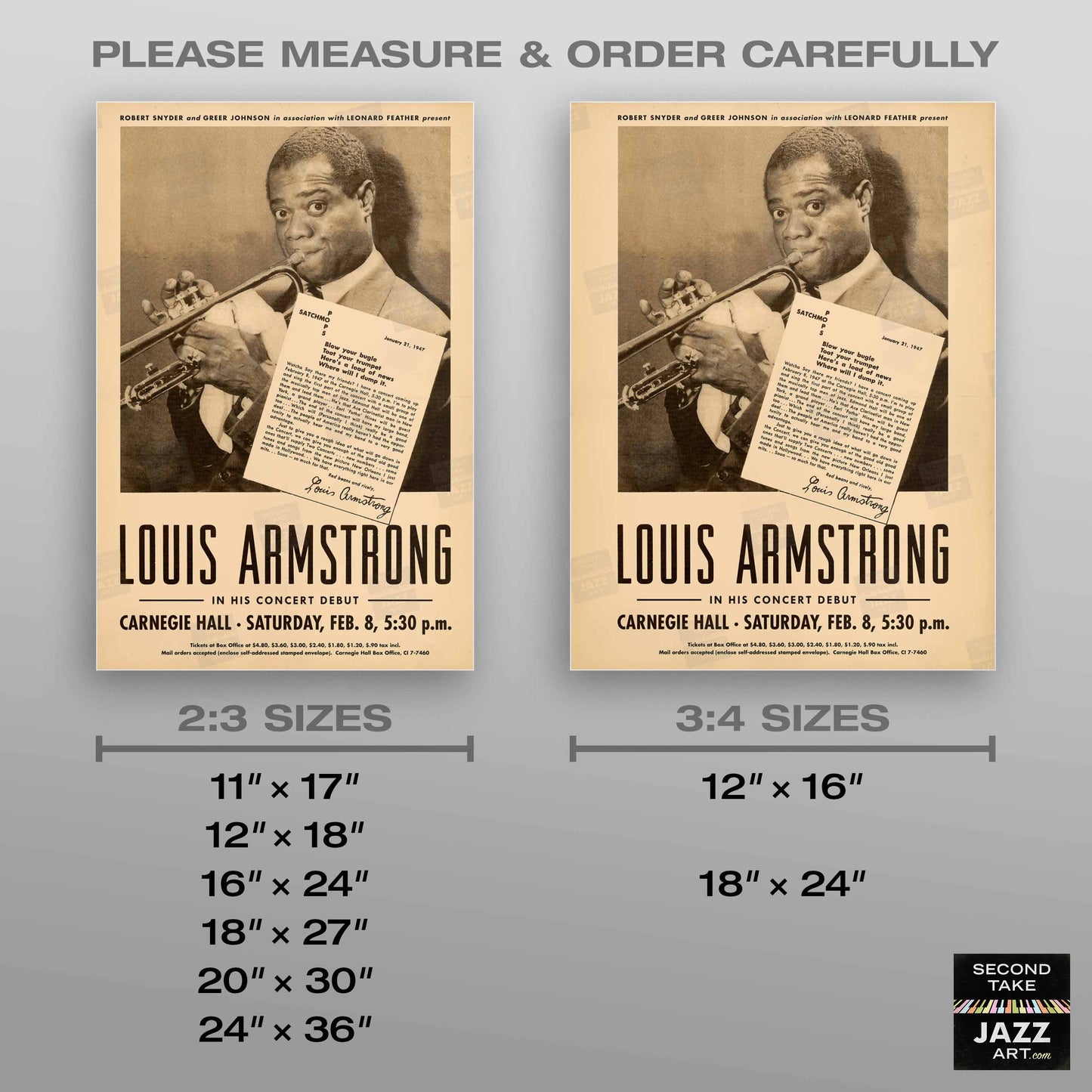 Louis Armstrong - Billie Holiday jazz poster - At Carnegie Hall - 1947