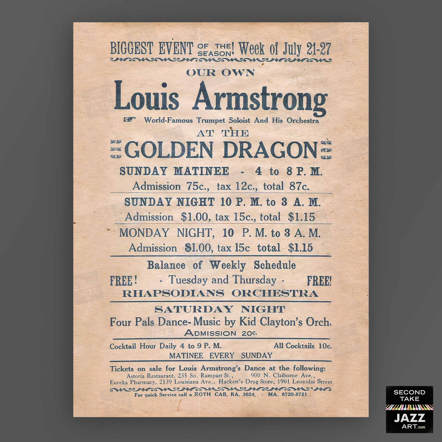 Louis Armstrong jazz poster - Golden Dragon - New Orleans - 1935