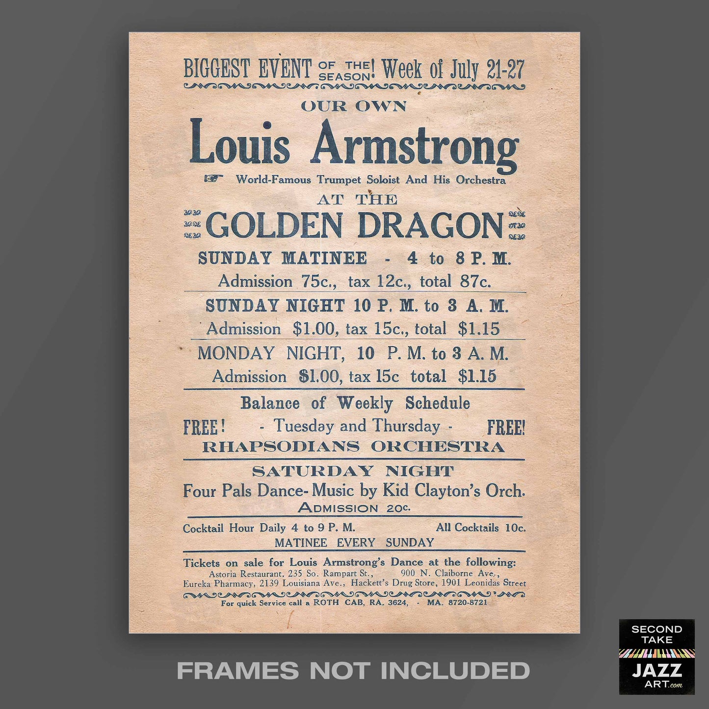 Louis Armstrong jazz poster - Golden Dragon - New Orleans - 1935