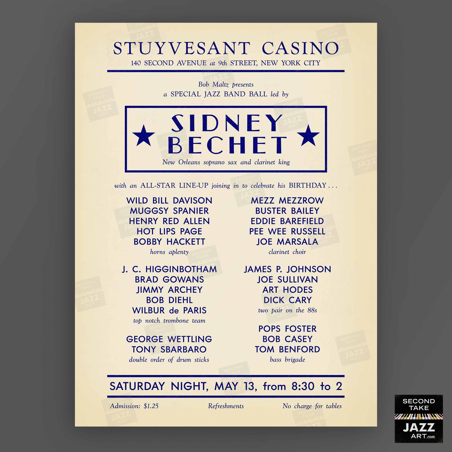 Sidney Bechet - Wild Bill Davison jazz poster - Stuyvesant Casino - 1950