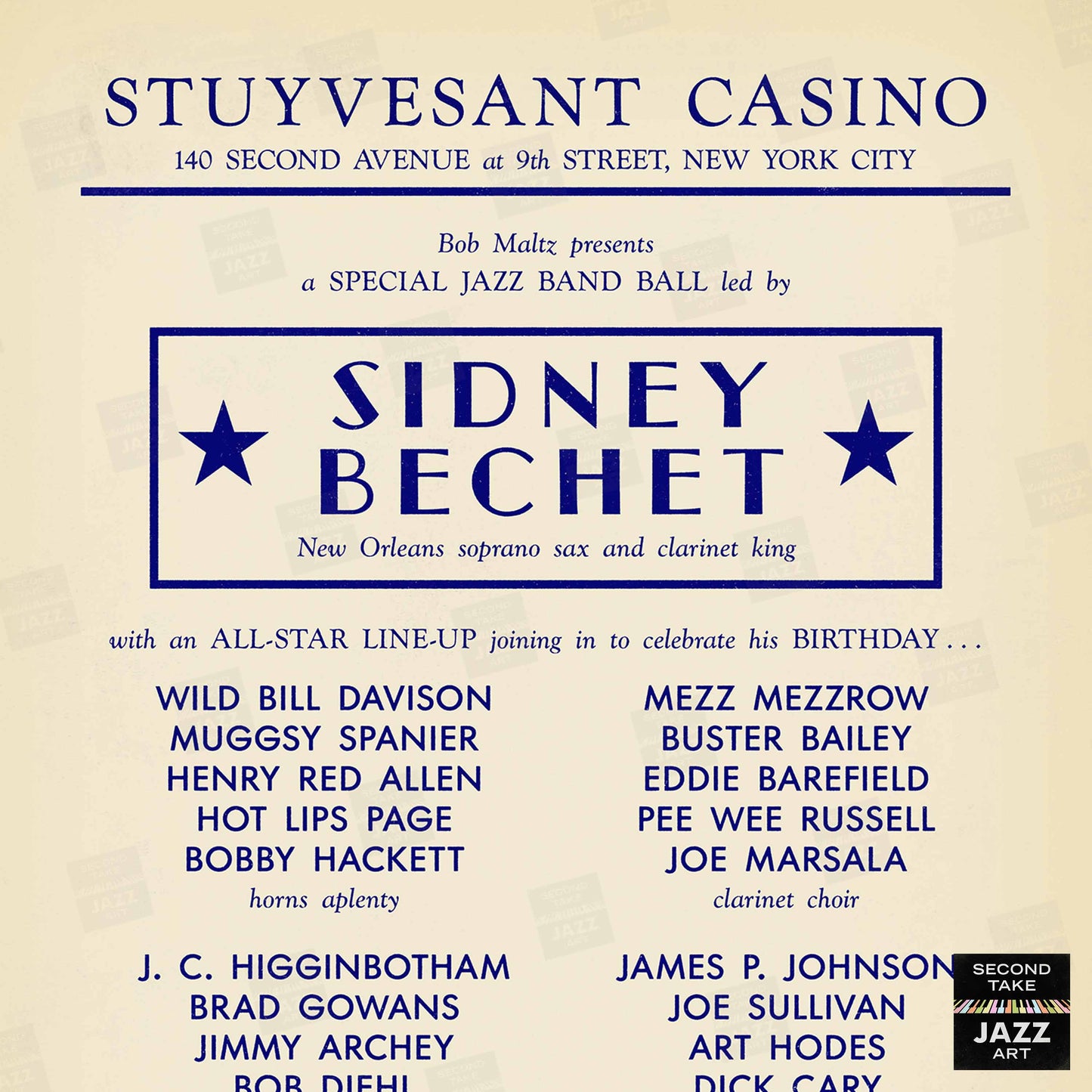 Sidney Bechet - Wild Bill Davison jazz poster - Stuyvesant Casino - 1950