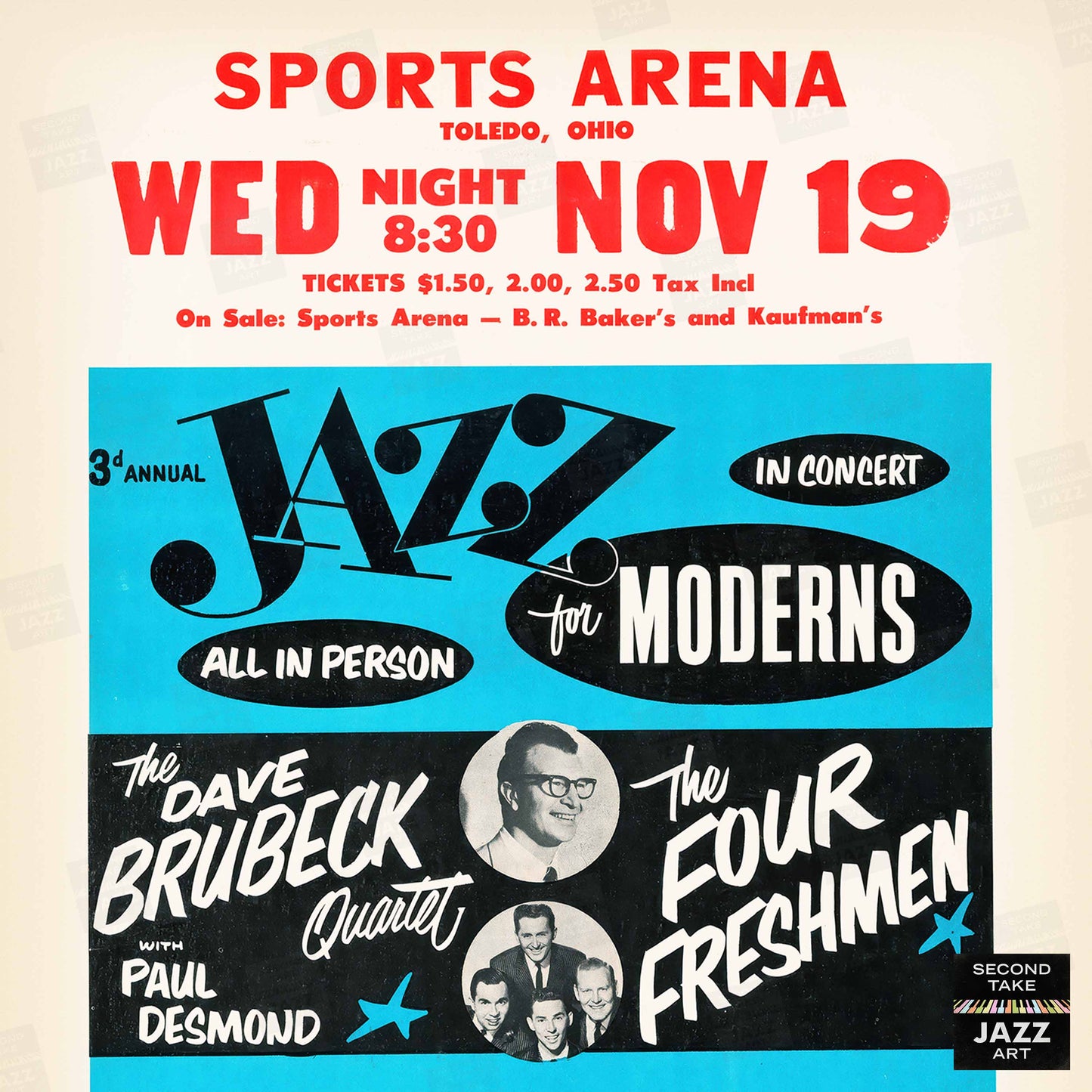 Dave Brubeck - Sonny Rollins - Four Freshmen - Maynard Ferguson jazz poster - Toledo Sports Arena - 1958