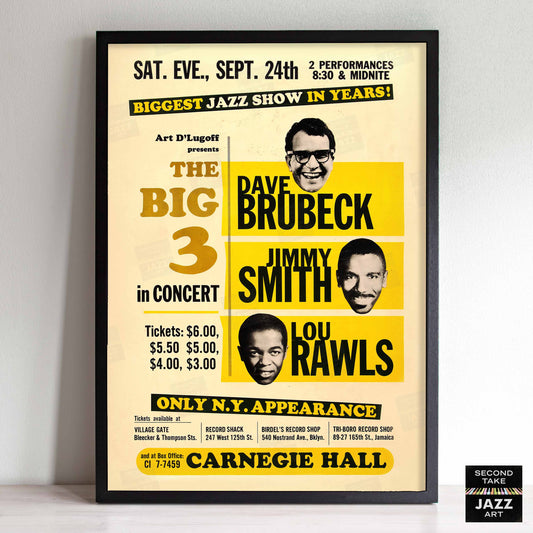 Dave Brubeck - Jimmy Smith - Lou Rawls jazz poster - Carnegie Hall - 1966