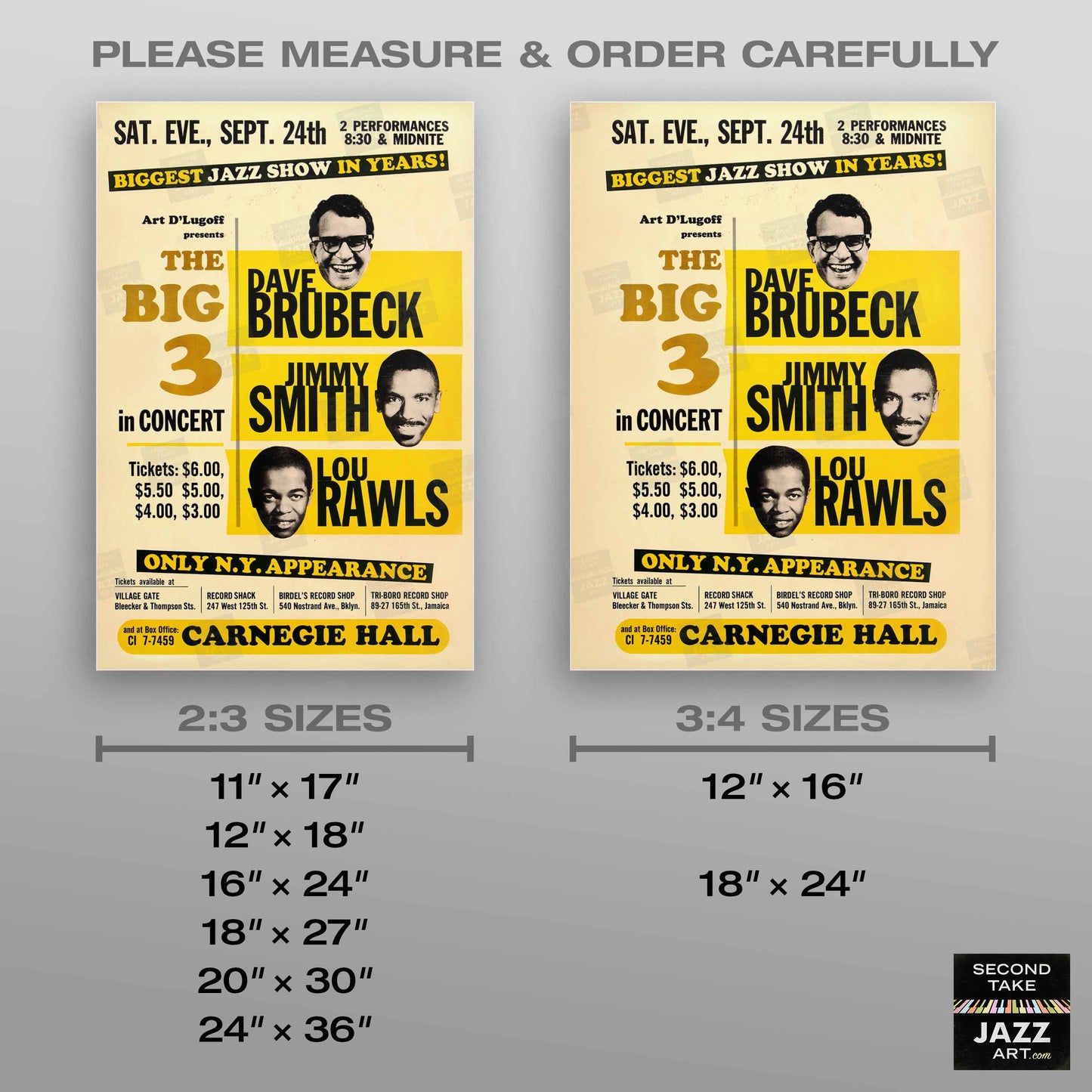 Dave Brubeck - Jimmy Smith - Lou Rawls jazz poster - Carnegie Hall - 1966