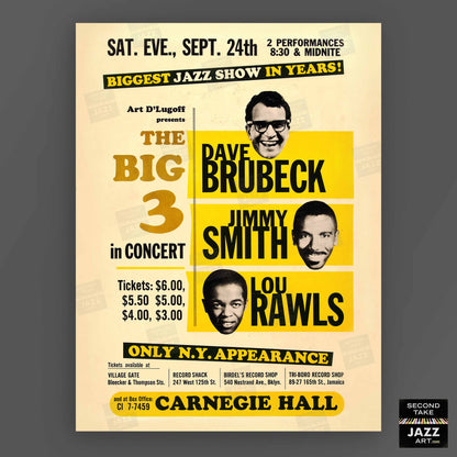 Dave Brubeck - Jimmy Smith - Lou Rawls jazz poster - Carnegie Hall - 1966