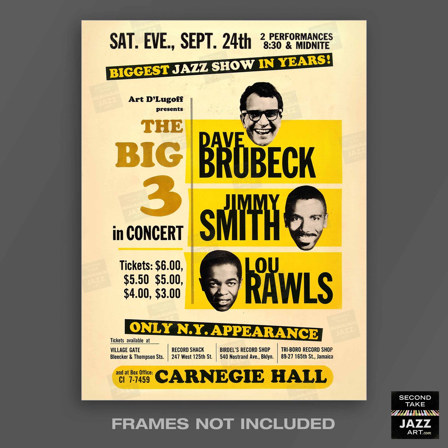 Dave Brubeck - Jimmy Smith - Lou Rawls jazz poster - Carnegie Hall - 1966