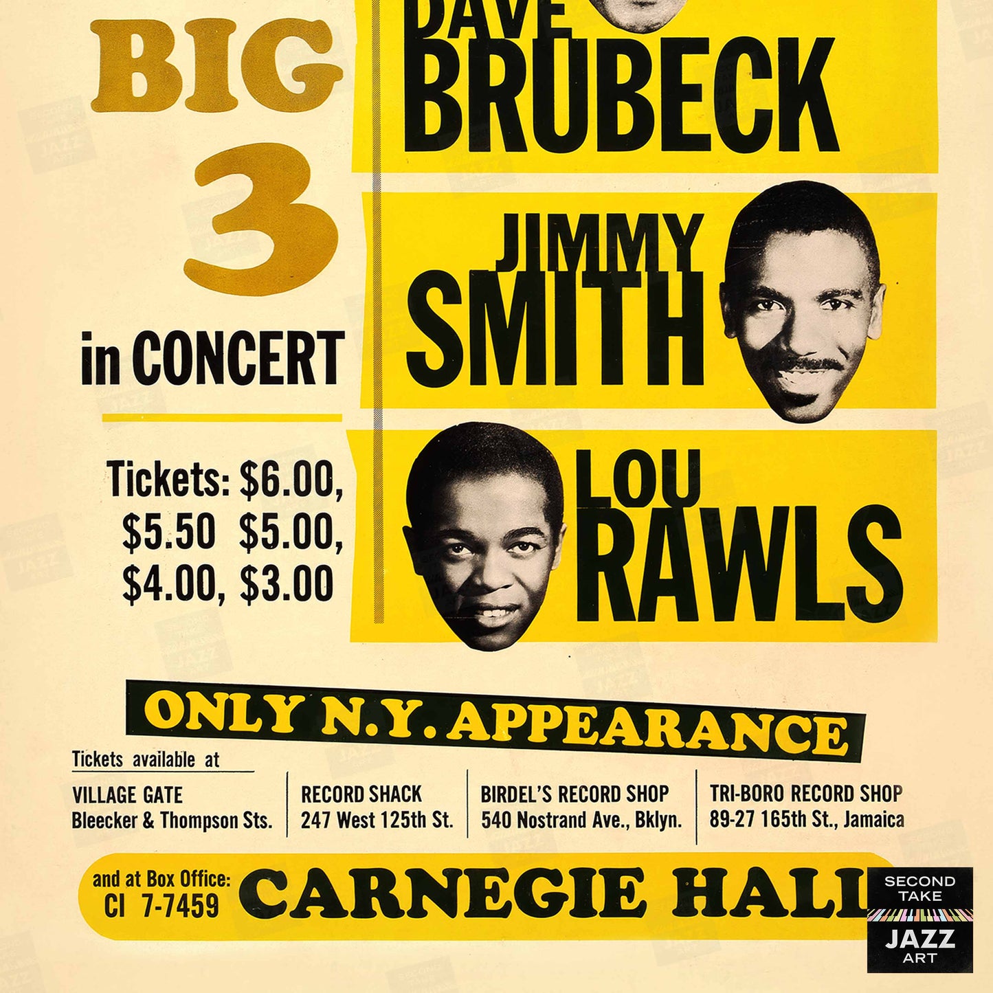 Dave Brubeck - Jimmy Smith - Lou Rawls jazz poster - Carnegie Hall - 1966