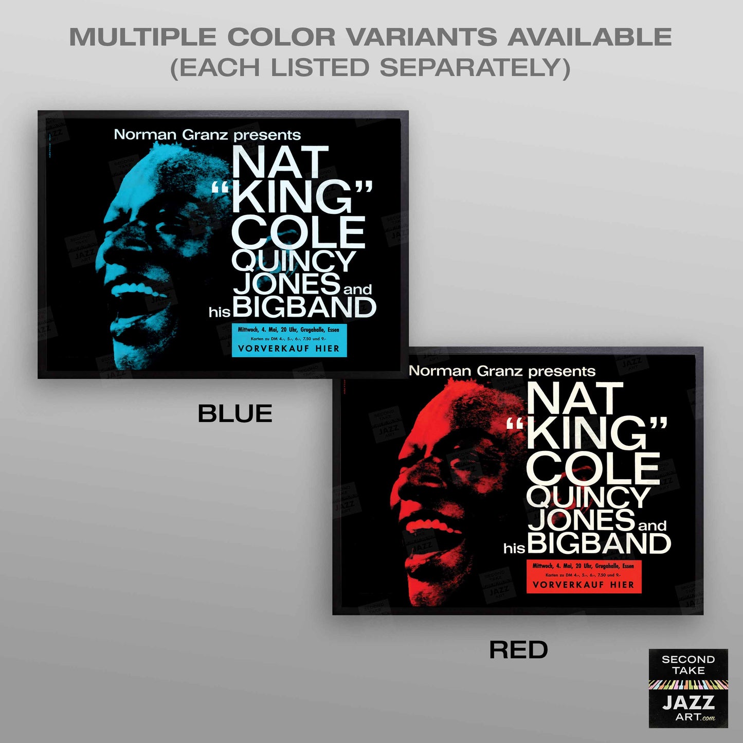 Nat King Cole - Quincy Jones Big Band jazz poster - Essen - 1960 (red variant, horizontal)