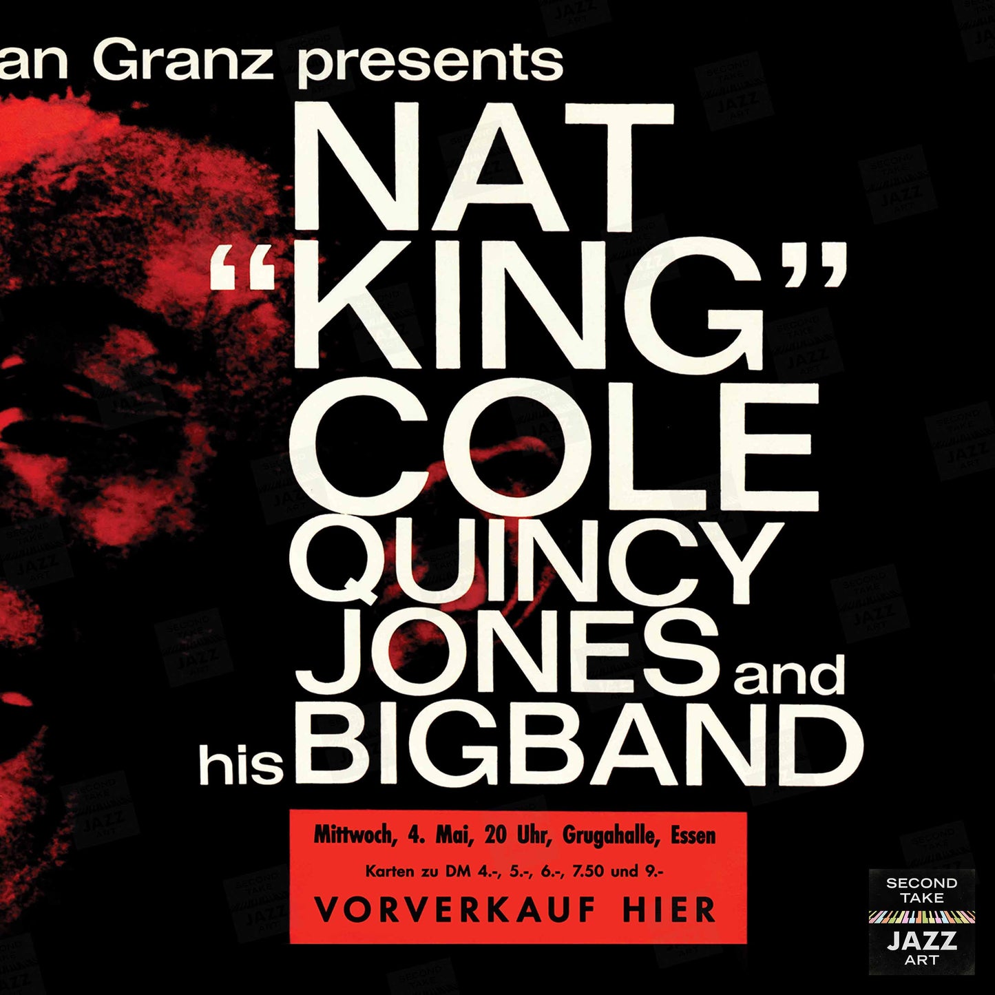 Nat King Cole - Quincy Jones Big Band jazz poster - Essen - 1960 (red variant)
