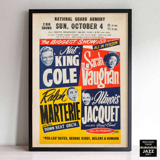Nat King Cole - Sarah Vaughan - Illinois Jacquet jazz poster - National Guard Armory - 1953