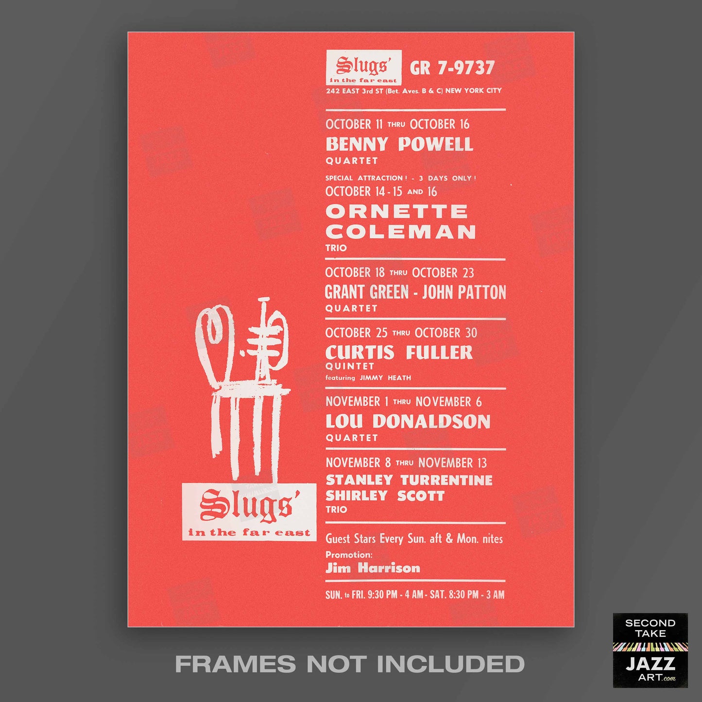Ornette Coleman - Grant Green - Lou Donaldson jazz poster - Slugs' Saloon - 1966