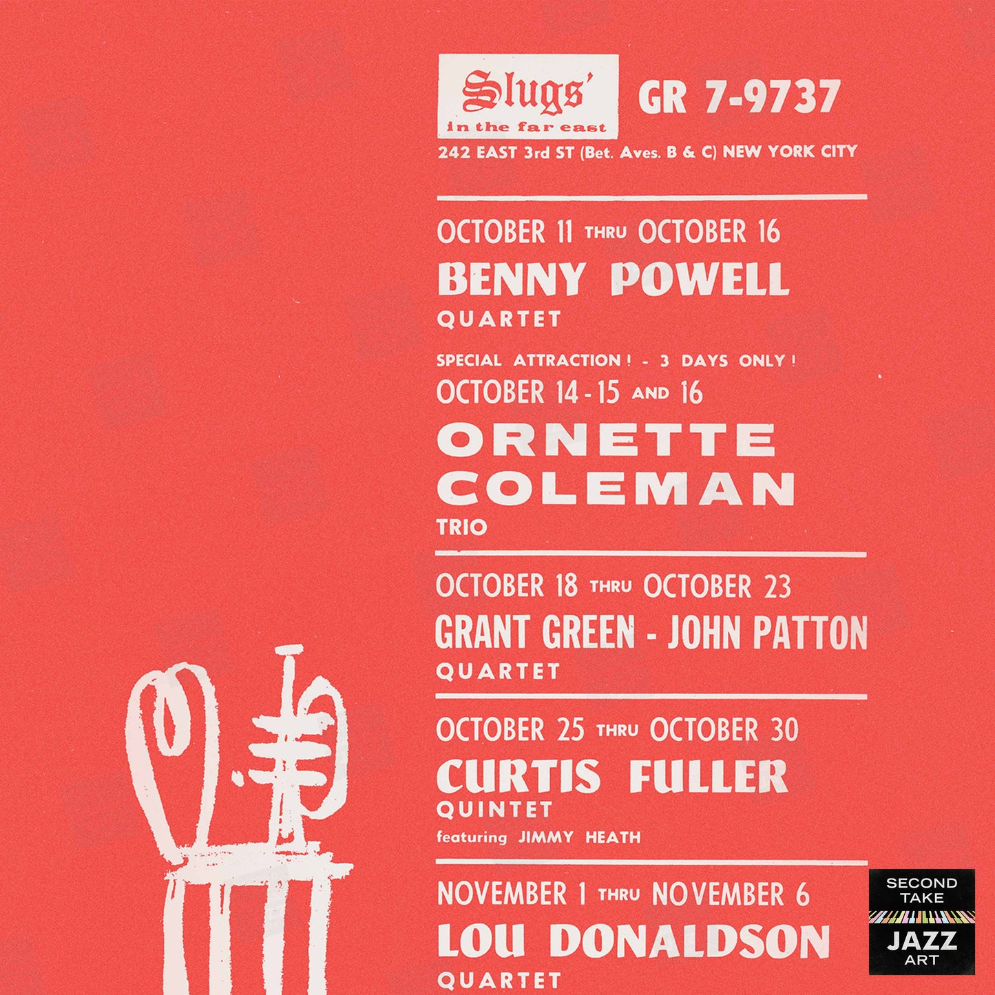 Ornette Coleman - Grant Green - Lou Donaldson jazz poster - Slugs' Saloon - 1966