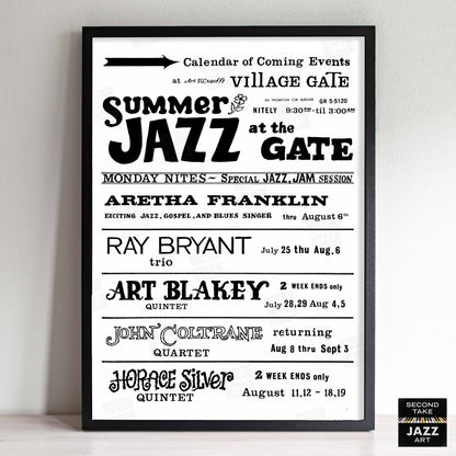 John Coltrane - Art Blakey - Aretha Franklin jazz poster - Summer Jazz at the Village Gate - 1961