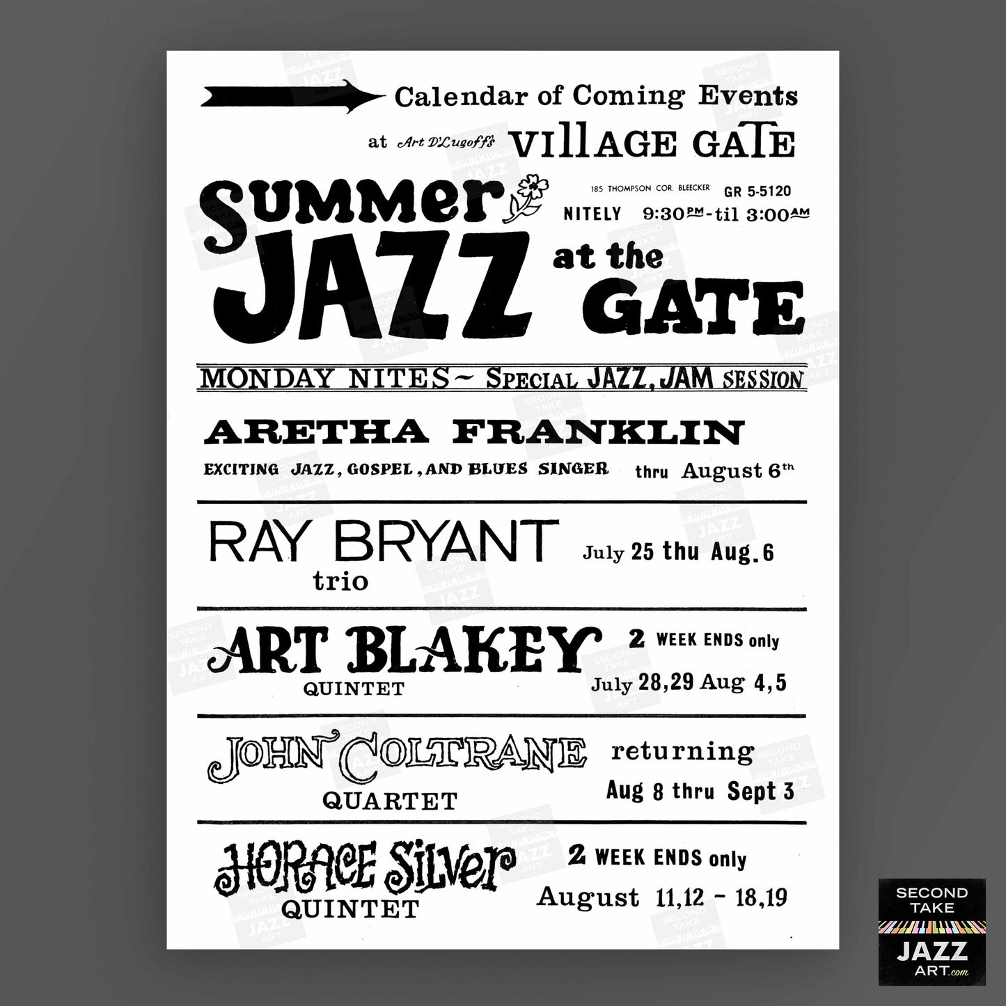 John Coltrane - Art Blakey - Aretha Franklin jazz poster - Summer Jazz at the Village Gate - 1961