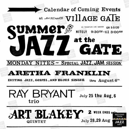 John Coltrane - Art Blakey - Aretha Franklin jazz poster - Summer Jazz at the Village Gate - 1961