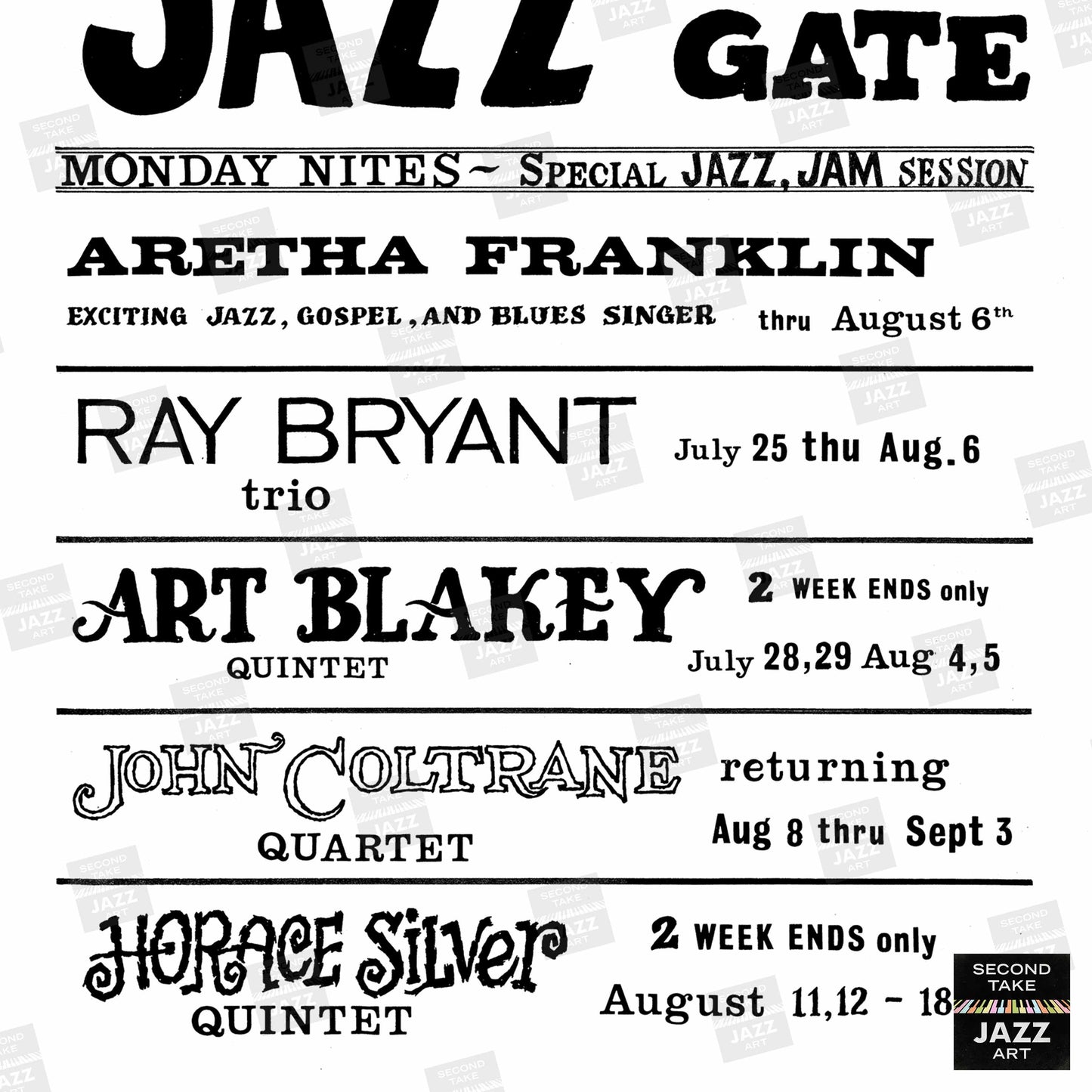 John Coltrane - Art Blakey - Aretha Franklin jazz poster - Summer Jazz at the Village Gate - 1961