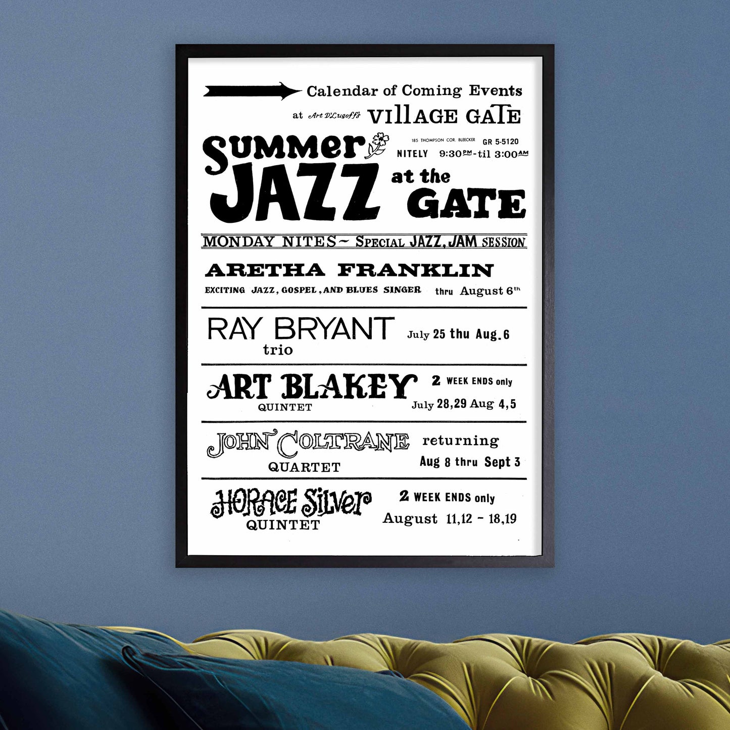 John Coltrane - Art Blakey - Aretha Franklin jazz poster - Summer Jazz at the Village Gate - 1961