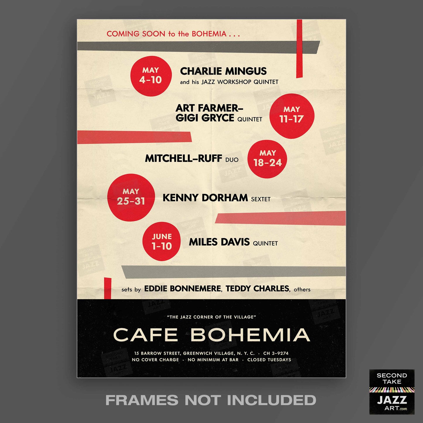 Miles Davis - John Coltrane - Kenny Dorham jazz poster - At the Cafe Bohemia - 1956