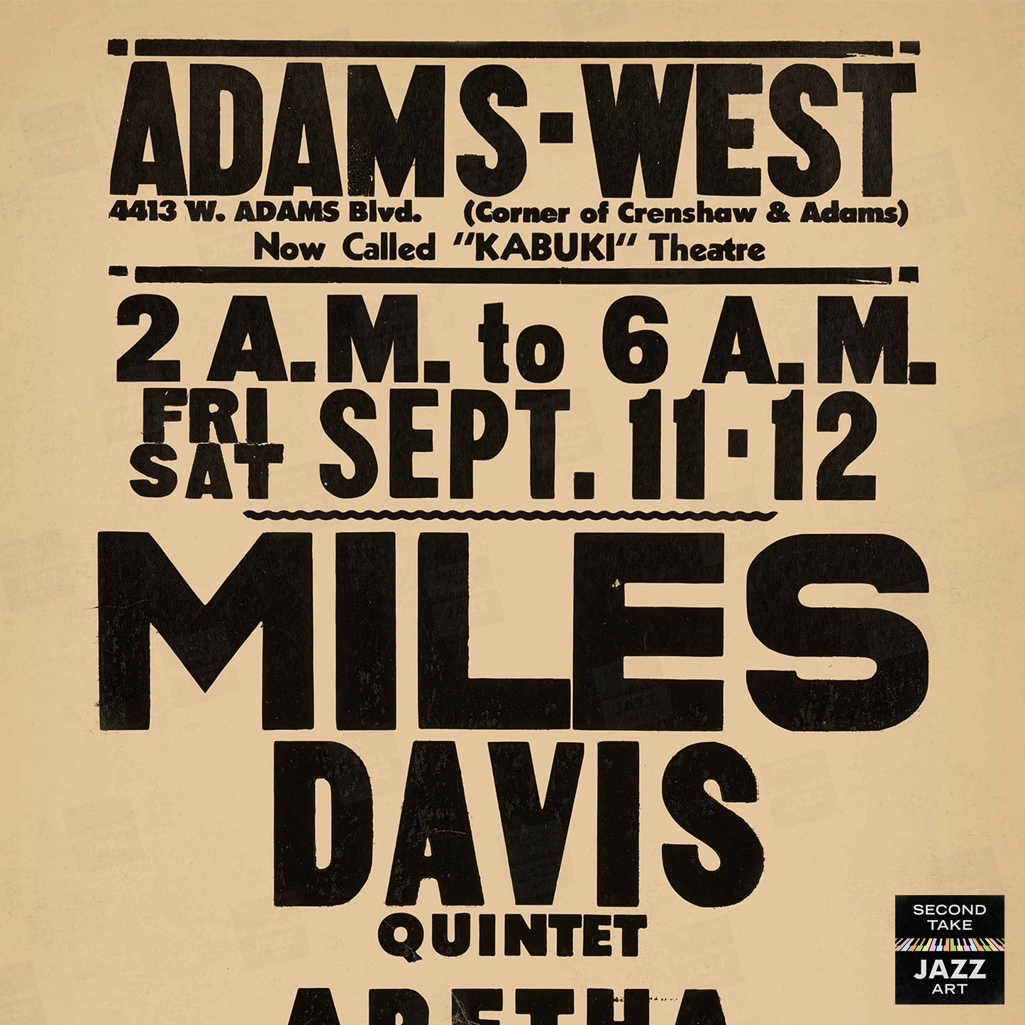 Miles Davis - Aretha Franklin jazz poster - Adams-West - Los Angeles - 1964