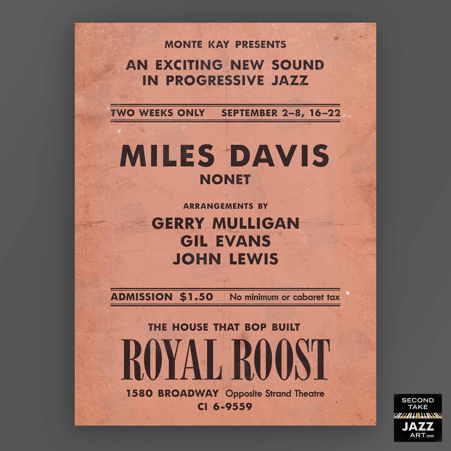 Miles Davis - Gerry Mulligan - Gil Evans jazz poster - Birth of the Cool - Royal Roost - 1948