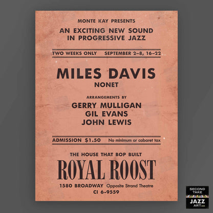 Miles Davis - Gerry Mulligan - Gil Evans jazz poster - Birth of the Cool - Royal Roost - 1948