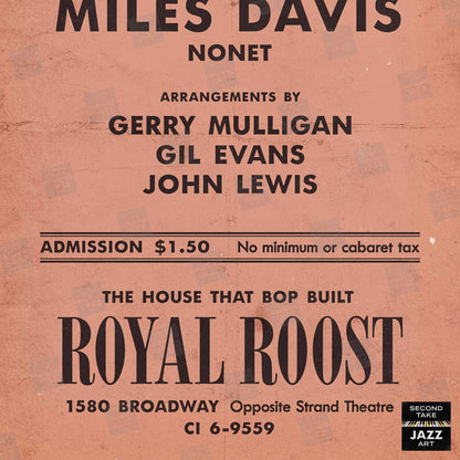 Miles Davis - Gerry Mulligan - Gil Evans jazz poster - Birth of the Cool - Royal Roost - 1948