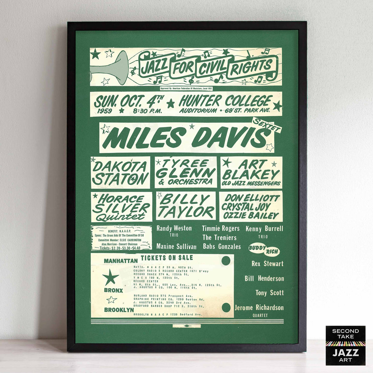 Miles Davis - Dakota Staton jazz poster - Jazz for Civil Rights - Hunter College - 1959