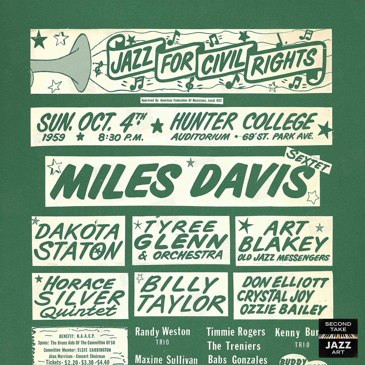 Miles Davis - Dakota Staton jazz poster - Jazz for Civil Rights - Hunter College - 1959