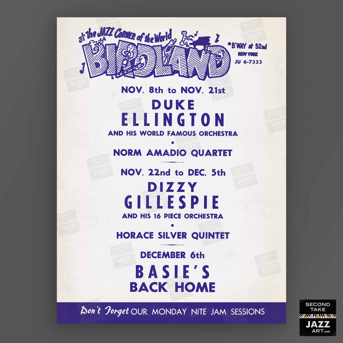 Duke Ellington - Dizzy Gillespie - Count Basie jazz poster - Birdland - 1956