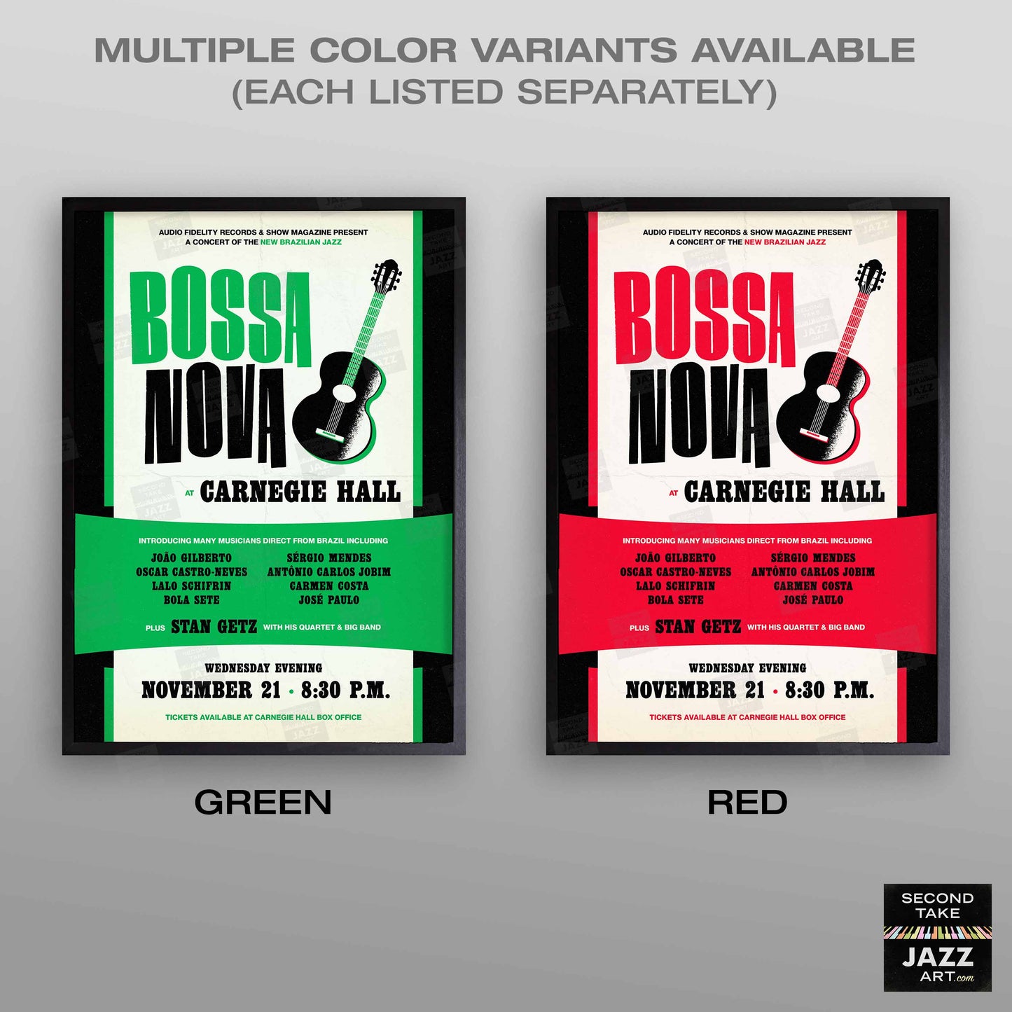 João Gilberto - Stan Getz jazz poster - Bossa Nova at Carnegie Hall - 1962 (red variant)