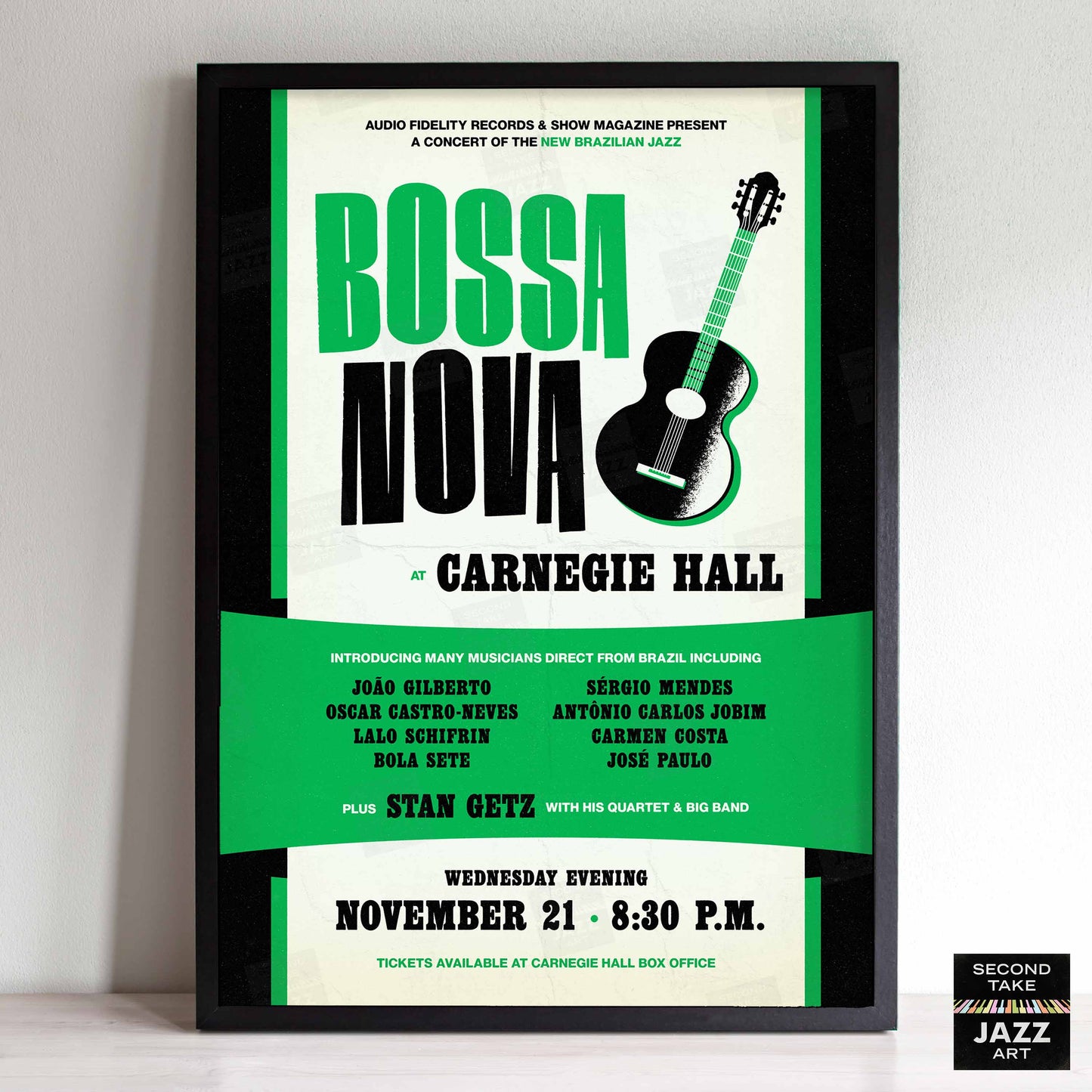 João Gilberto - Stan Getz jazz poster - Bossa Nova at Carnegie Hall - 1962 (green variant)