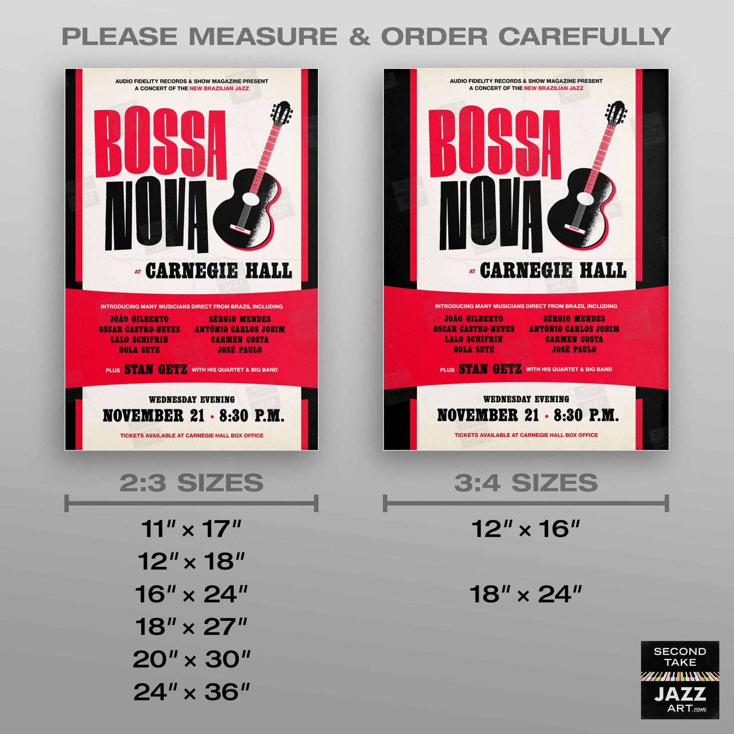 João Gilberto - Stan Getz jazz poster - Bossa Nova at Carnegie Hall - 1962 (red variant)