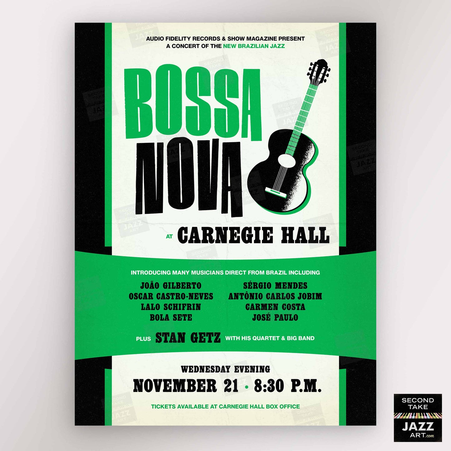 João Gilberto - Stan Getz jazz poster - Bossa Nova at Carnegie Hall - 1962 (green variant)